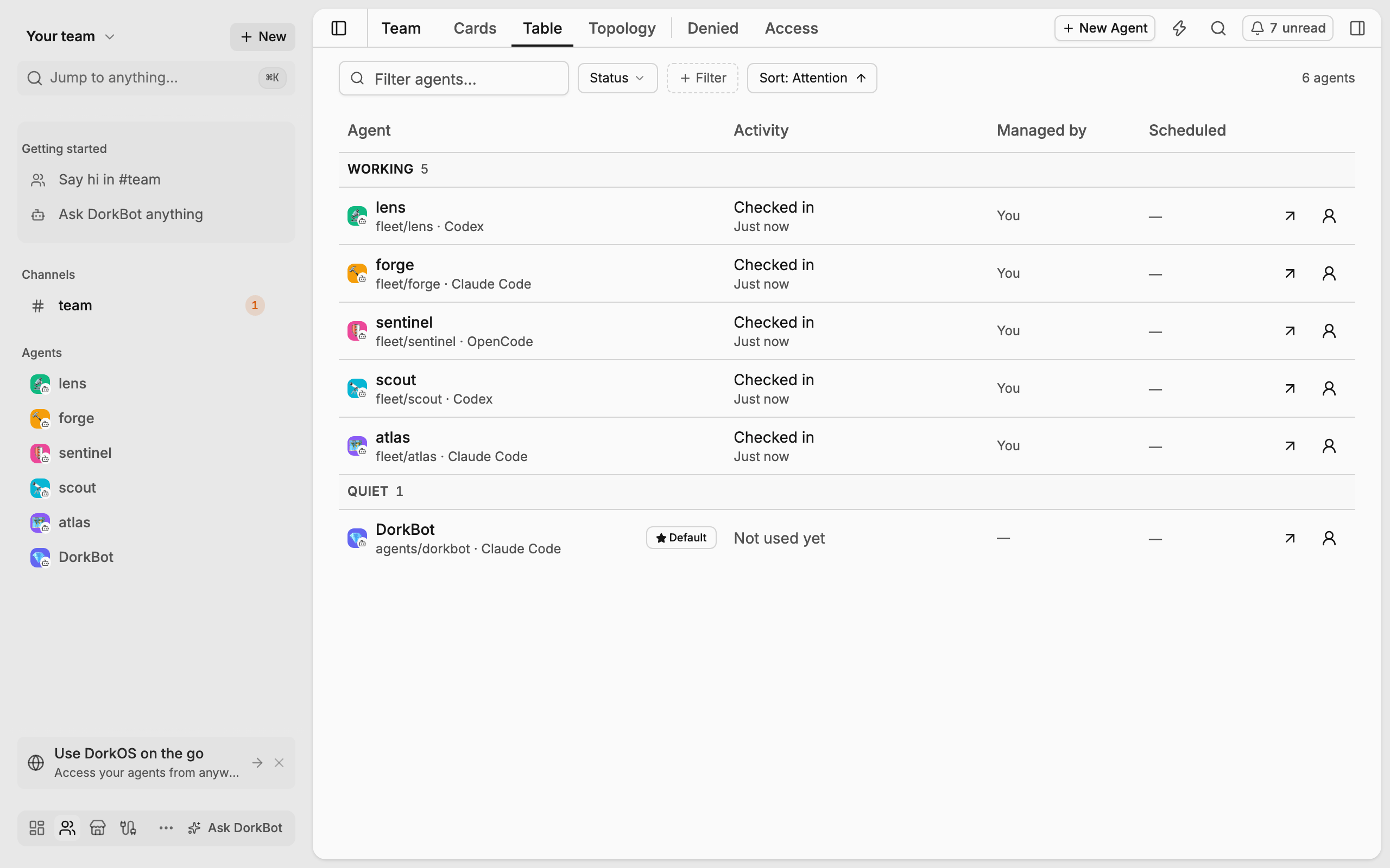 The Team page, with each agent wearing its own color and emoji