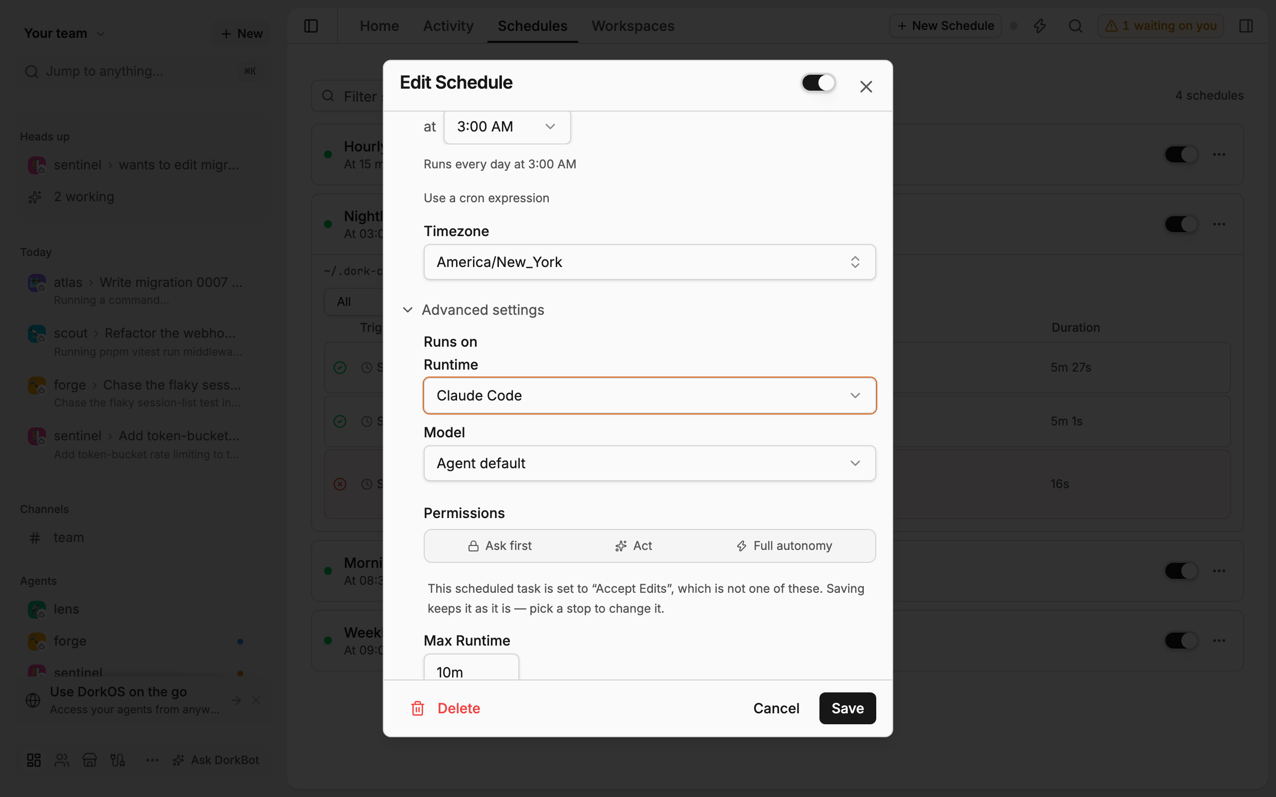 A scheduled task's edit form, showing which runtime and model it runs on