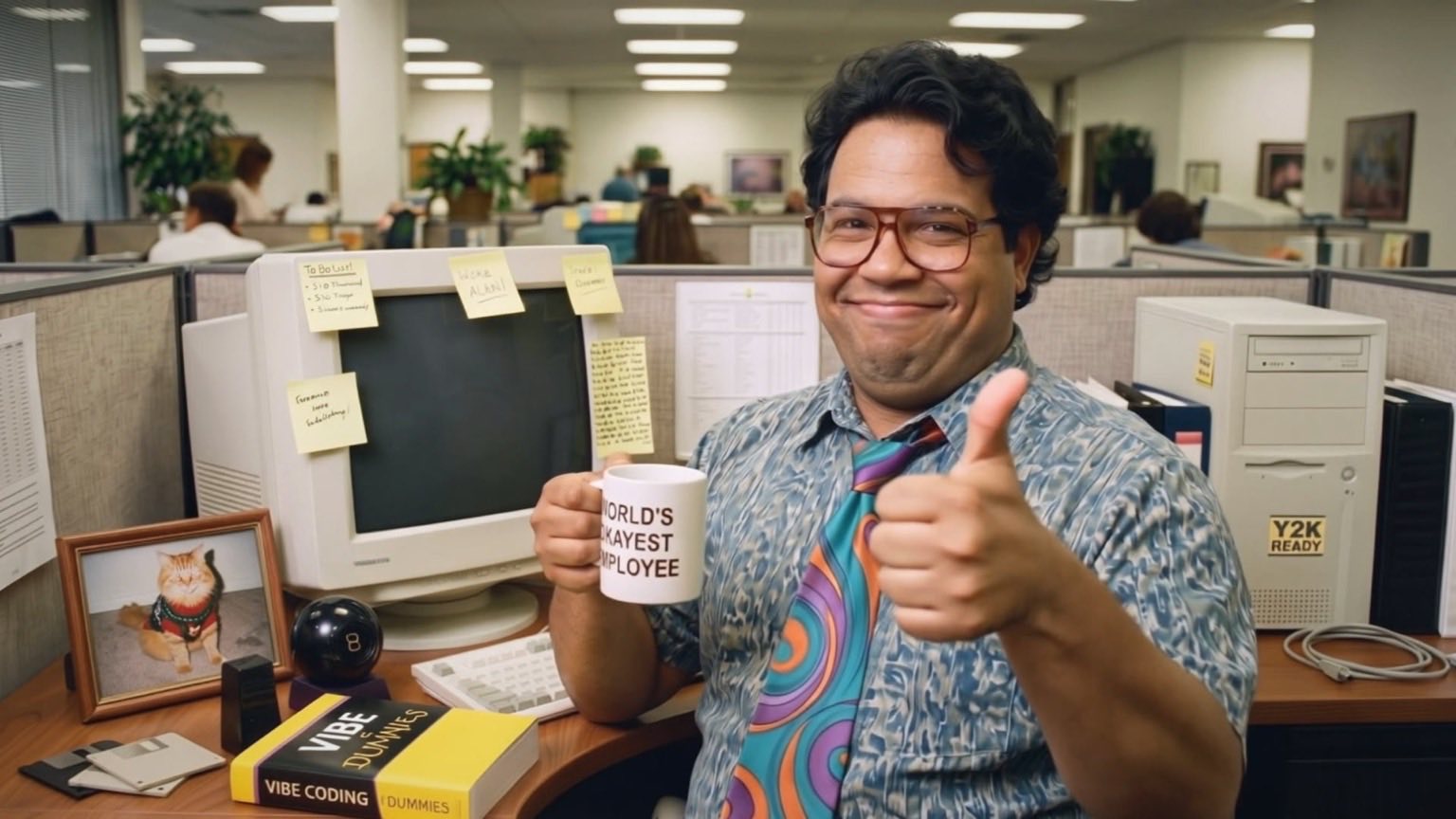 Dave at his 1999 office desk, giving a thumbs up beside a mug that reads World’s Okayest Employee.
